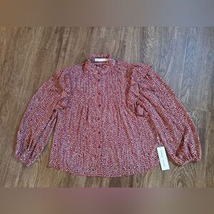 NEW BISHOP + YOUNG women's Thea Ruffle Blouse Lotus Lurex Print Small